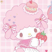 A picture of My Sweet Piano holding a strawberry and wearing a sailor uniform with bows adorning her ears.