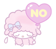 A pastel edit of a My Sweet Piano LINE sticker in which she looks apologetic while holding a balloon that says "NO".