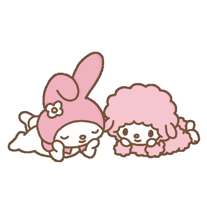 A gif of My Melody and My Sweet Piano laying down on their stomach, smiling. Hearts surround them.r