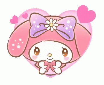 A gif of My Melody in a heart, smiling while other hearts surround her head.